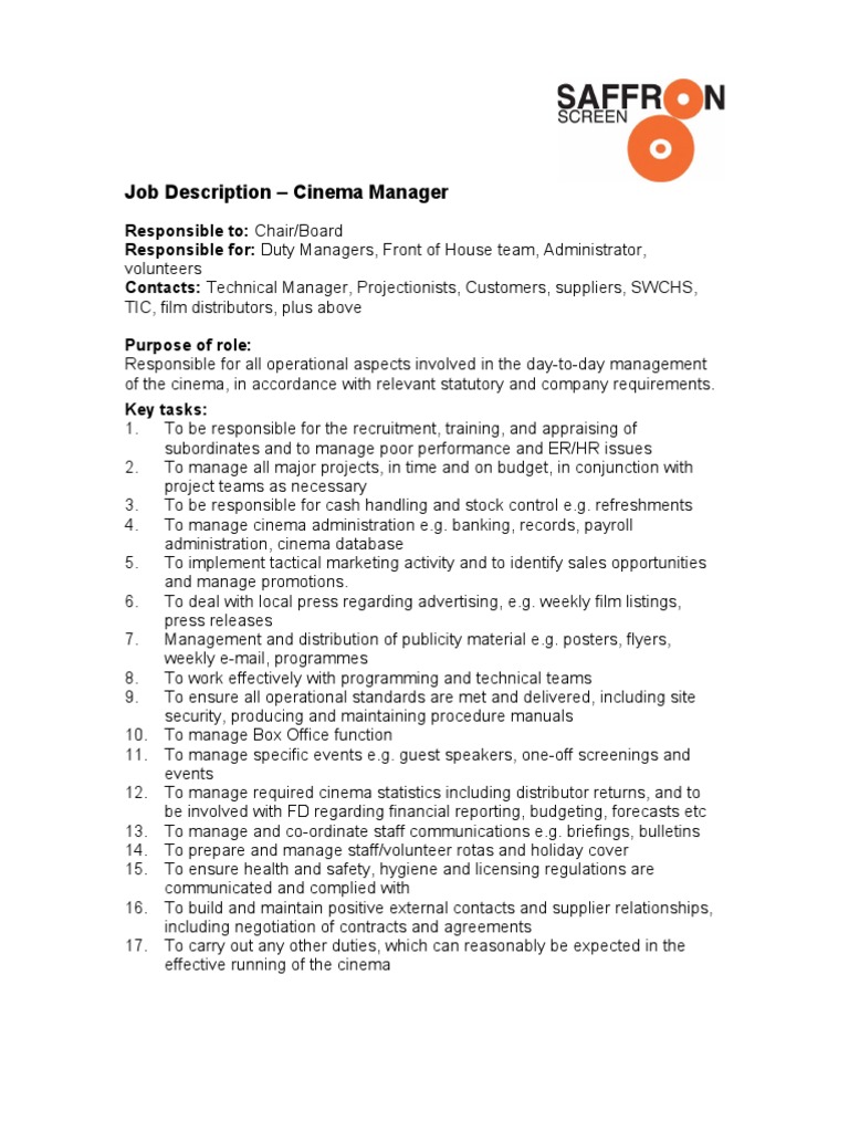 Cinema Manager Job Description | PDF | Business | Economies
