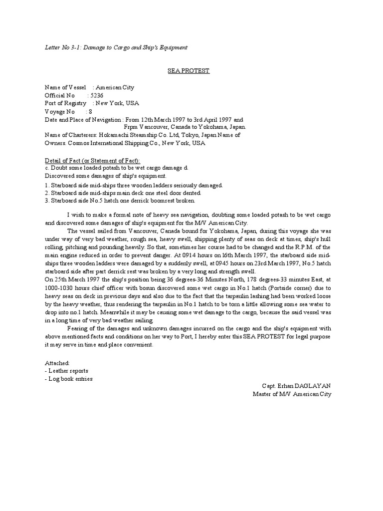 Sea Protest for M/V American City | PDF | Ships | Water Transport