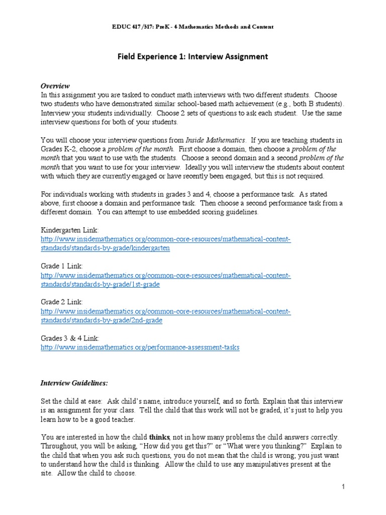 Math Interview Assignment for PreK-4 | PDF | Interview | Cognition