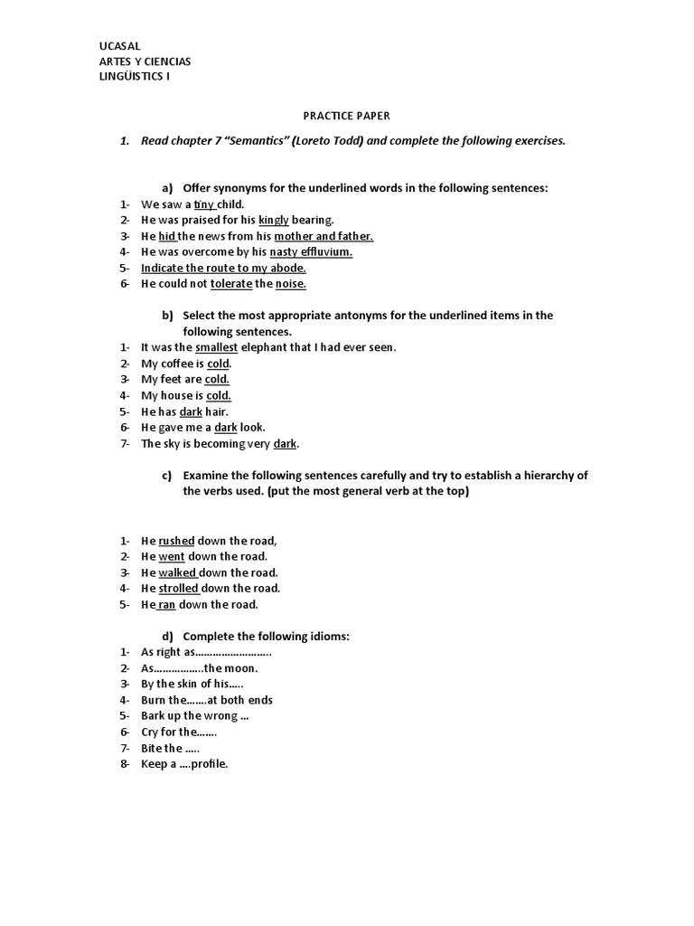 Semantics Practice Exercises for Linguistics | PDF | Language Arts ...