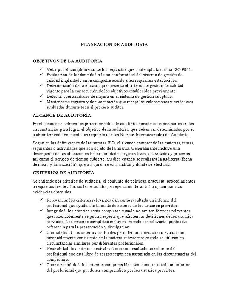 Plan de Auditoría Interna ISO 9001 | PDF | Auditoría | Calidad (comercial)