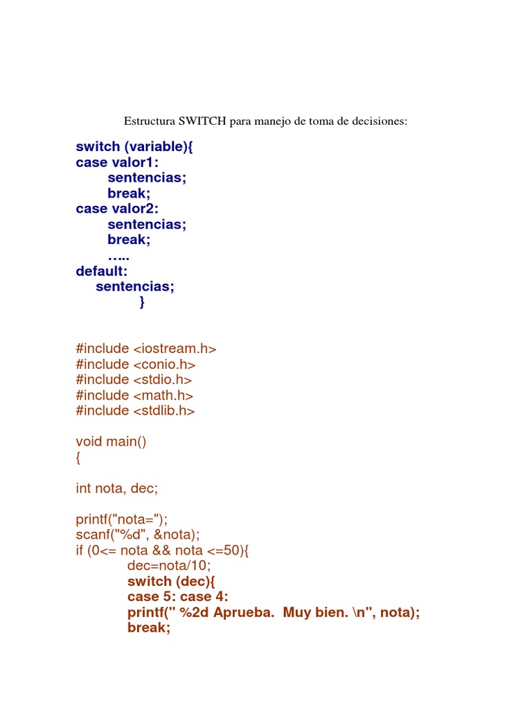 Estructura SWITCH en C++ y Ejemplos | PDF | Ecuaciones | Programación ...