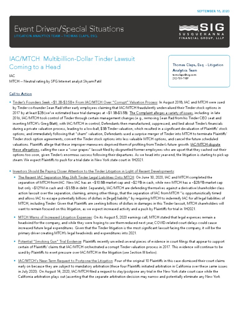 Analysis of Lawsuit Over Tinder Valuation. PDF Tinder (App) Lawsuit