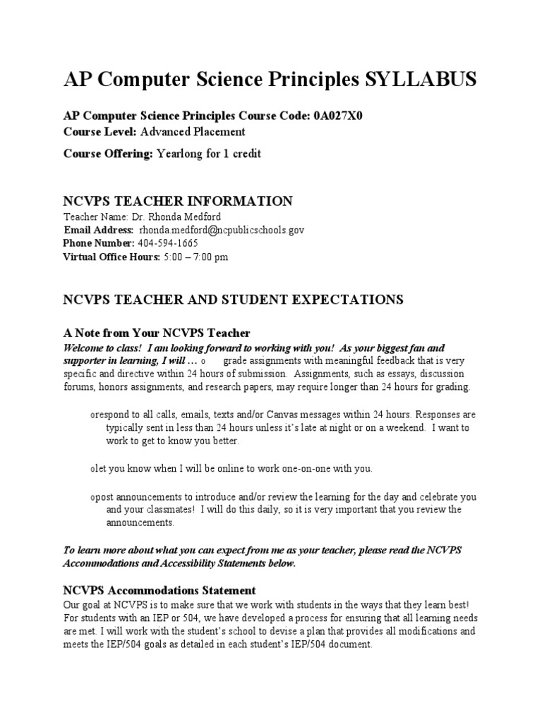 AP Computer Science Principles Syllabus Yearlong | PDF | Individualized  Education Program | Advanced Placement