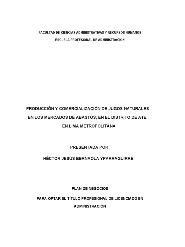 Plan de Negocios: Jugos Naturales en Ate | PDF | Calidad (comercial ...