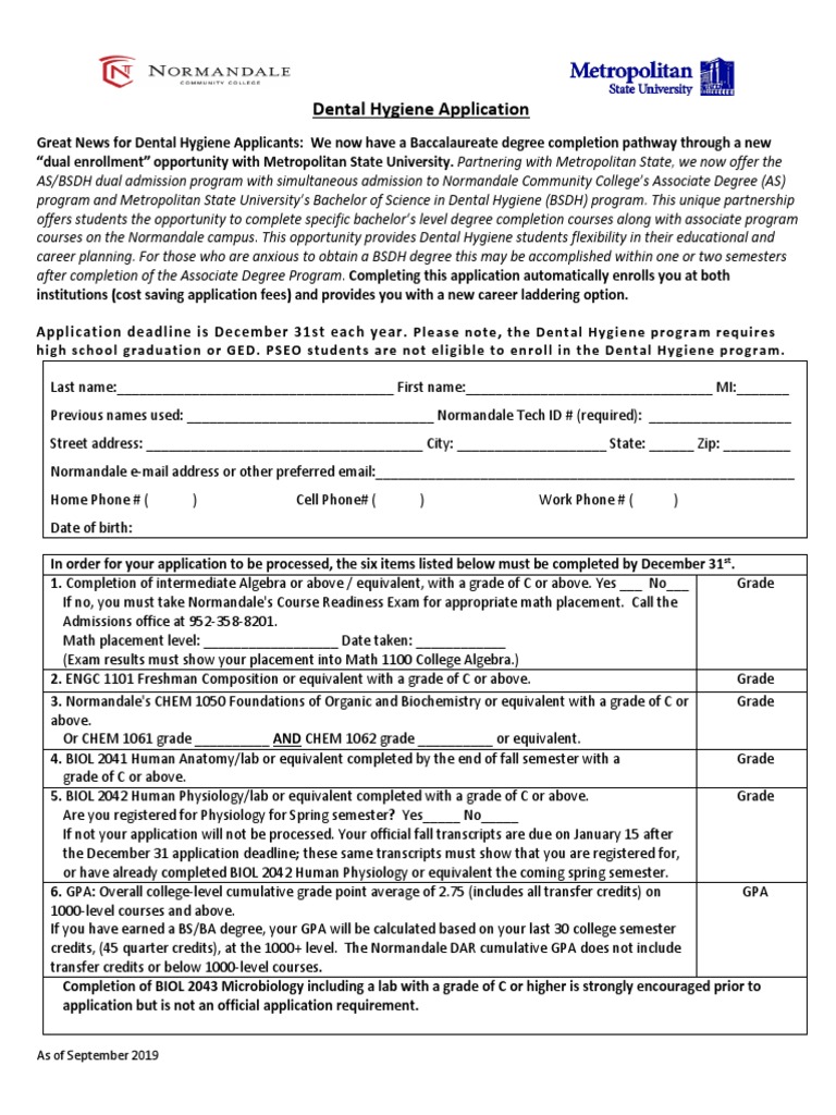 Dental Hygiene Application Fall 2020 PDF University And College