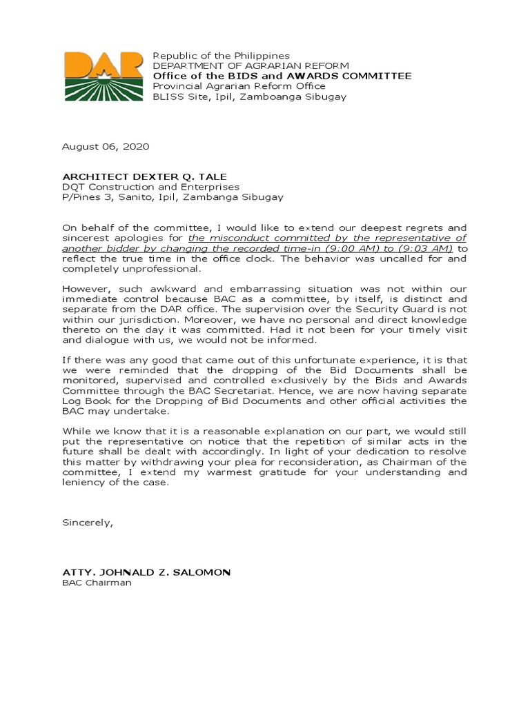 BAC Letter To DQT | PDF | Home & Garden