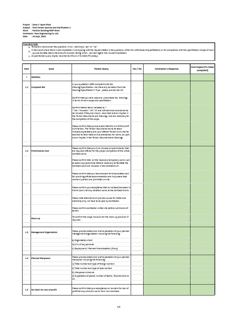 Post Tender Clarifications for MEP Work | PDF | Insurance ...