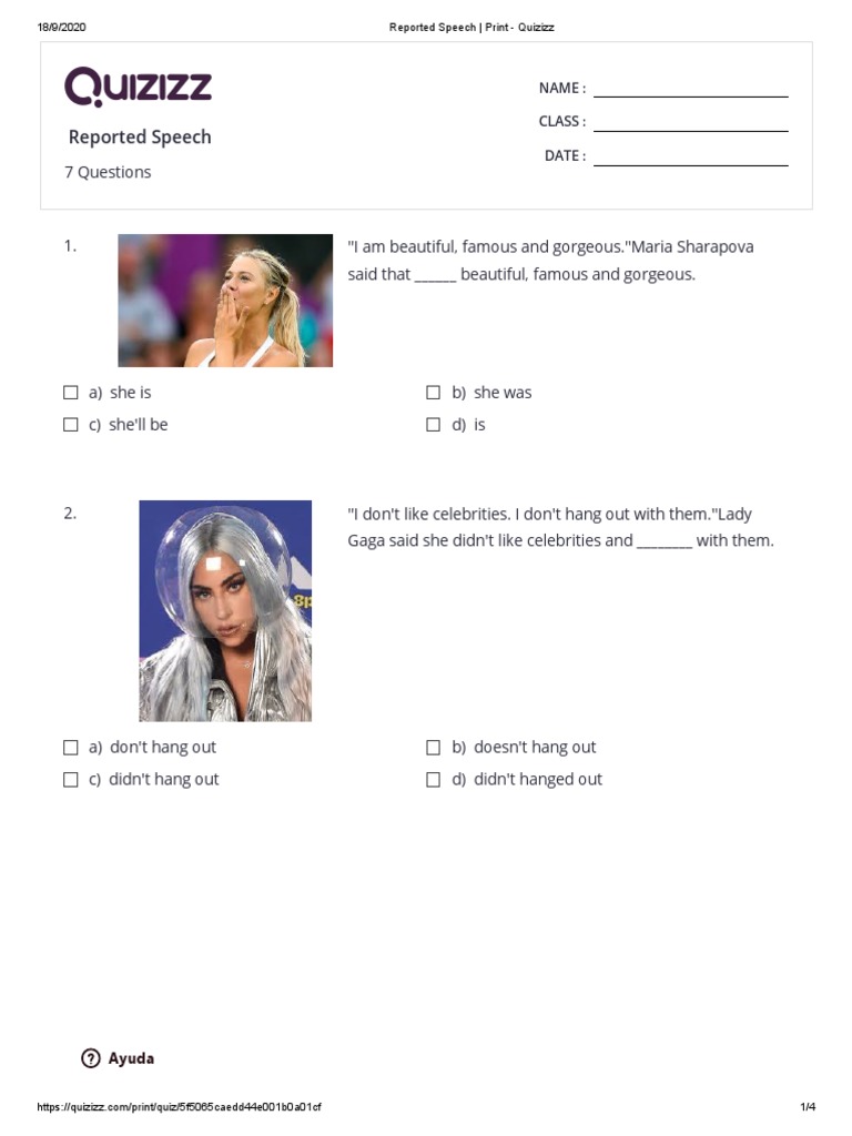 Reported Speech Quizizz Questions | PDF