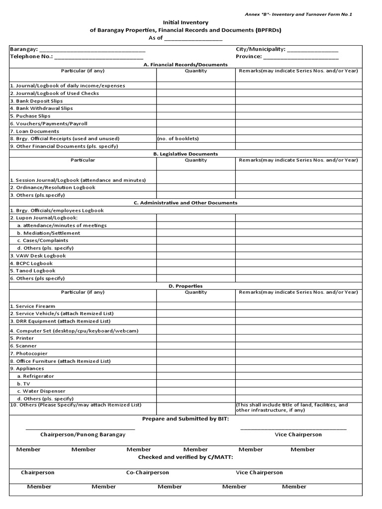 Initial Inventory of Barangay Properties, Financial Records and ...