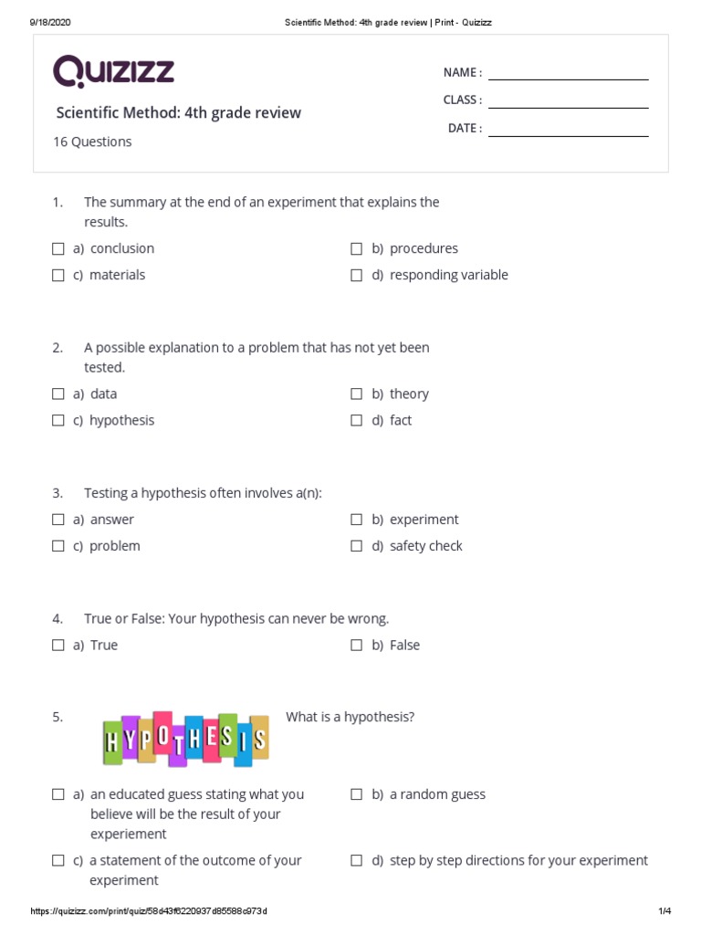 Reviewing the Scientific Method A 4th Grade Quiz on Key Concepts and
