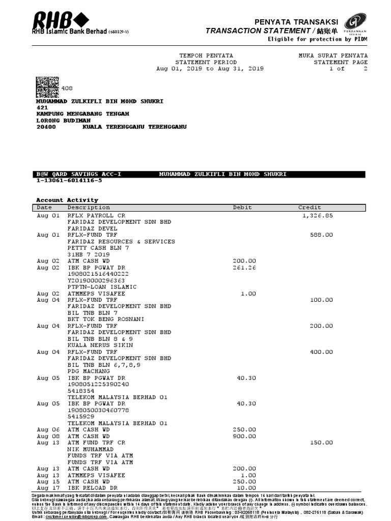 RHB Bank Transaction Statement Sample | PDF
