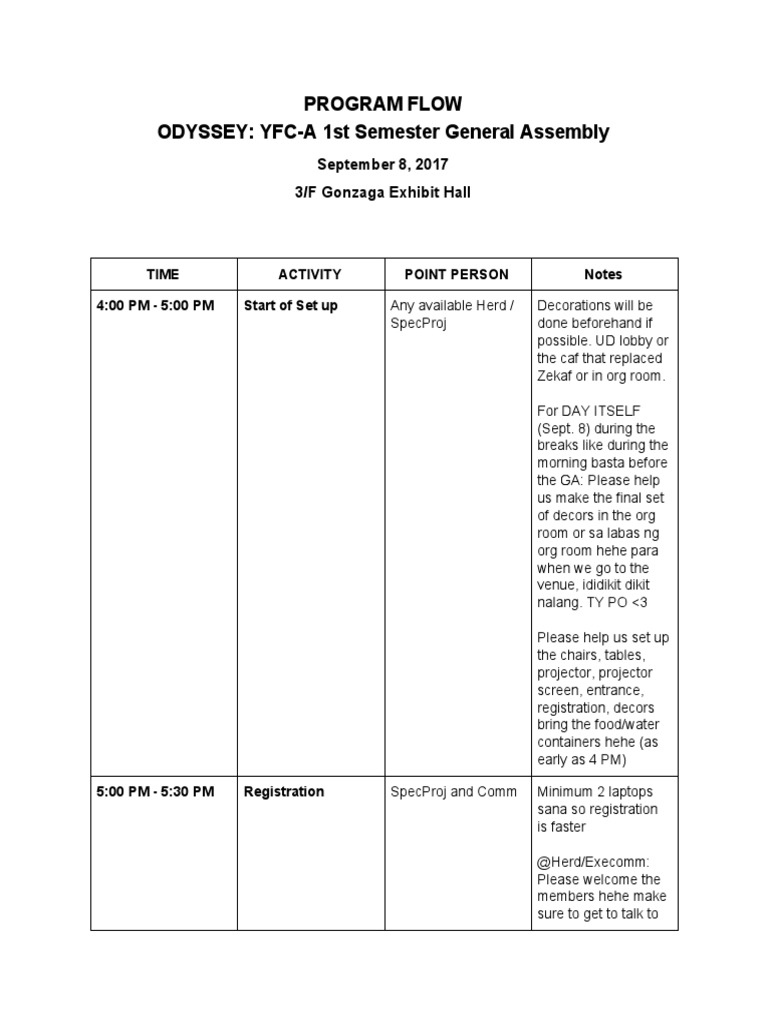YFC-A 1st Semester Assembly Agenda | PDF