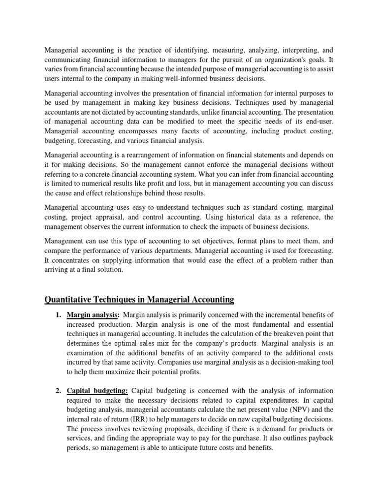 Quantitative Techniques In Managerial Accounting Pdf Capital
