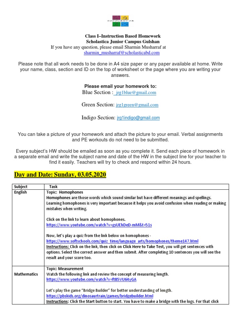 Class I Instruction Based HW - 03.05.20 | PDF | Homework | Learning