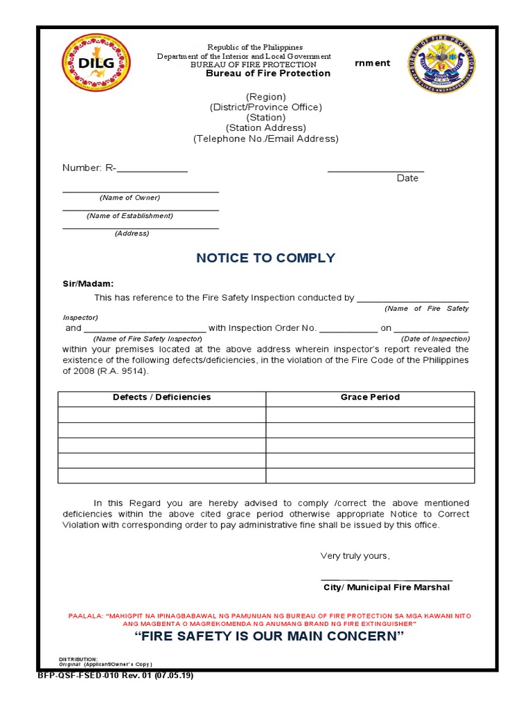 Notice to Comply Fire Safety Inspection Report Identifying