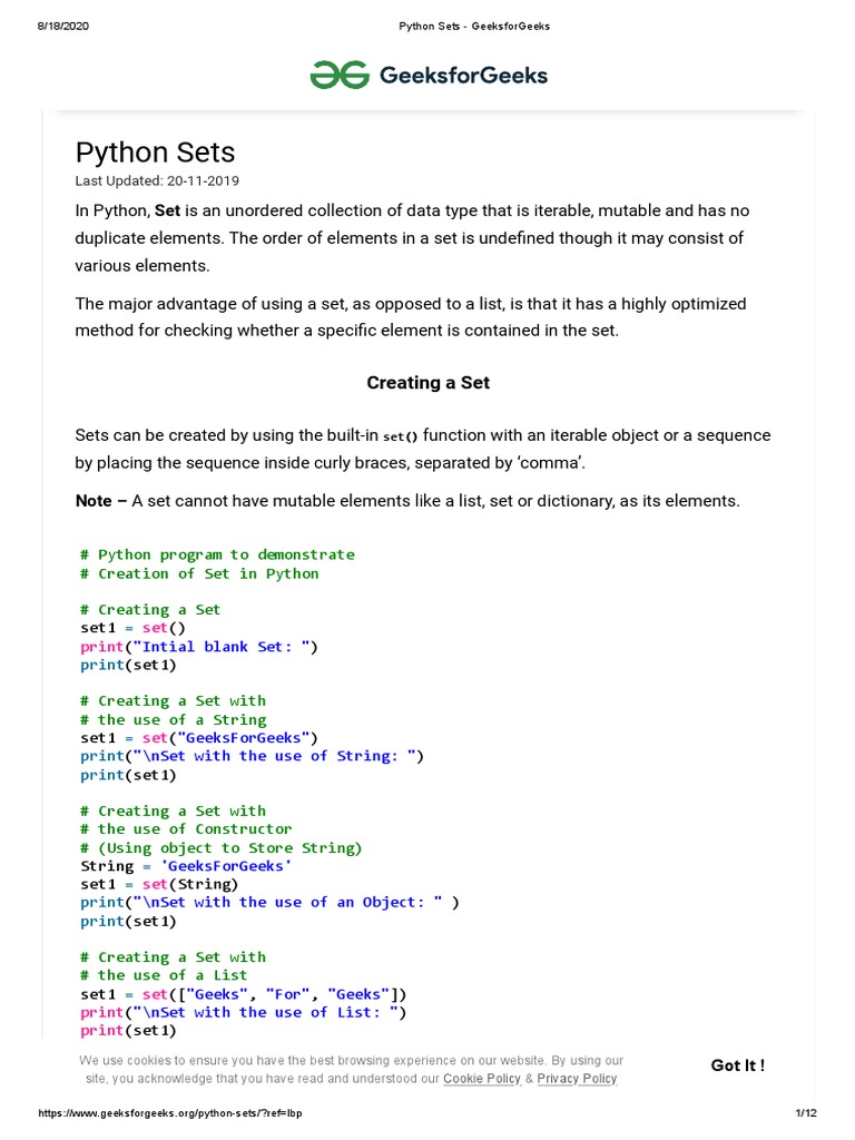 Python Sets | PDF | Http Cookie | String (Computer Science)