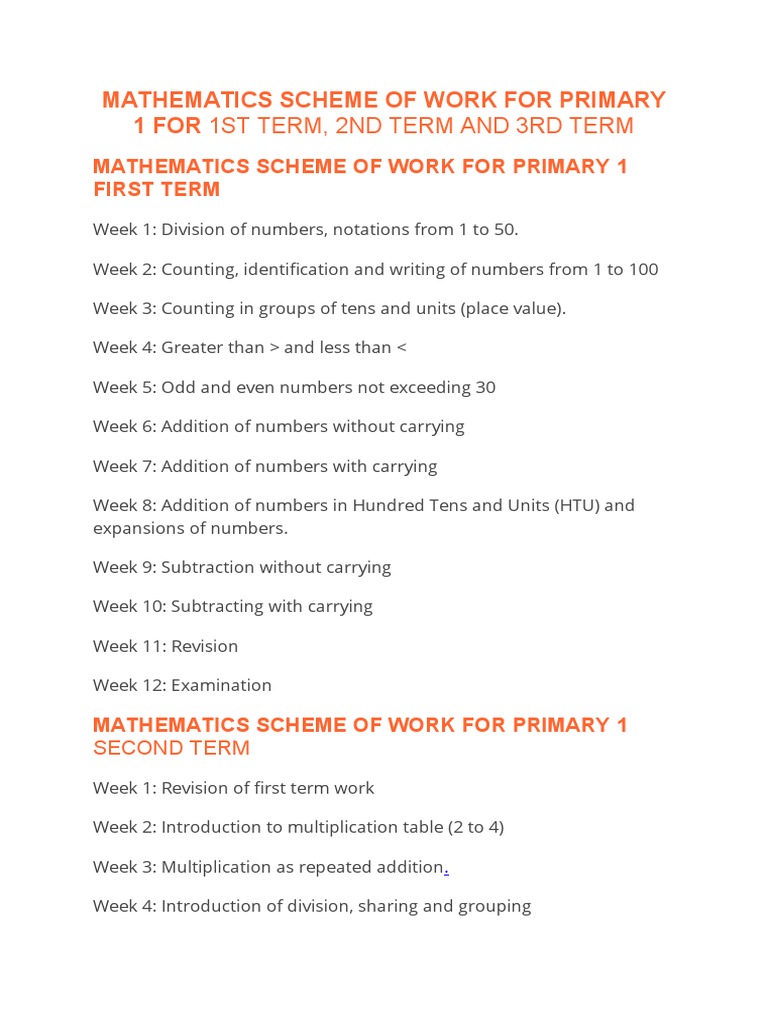 Primary 1 Mathematics Scheme of Work | PDF