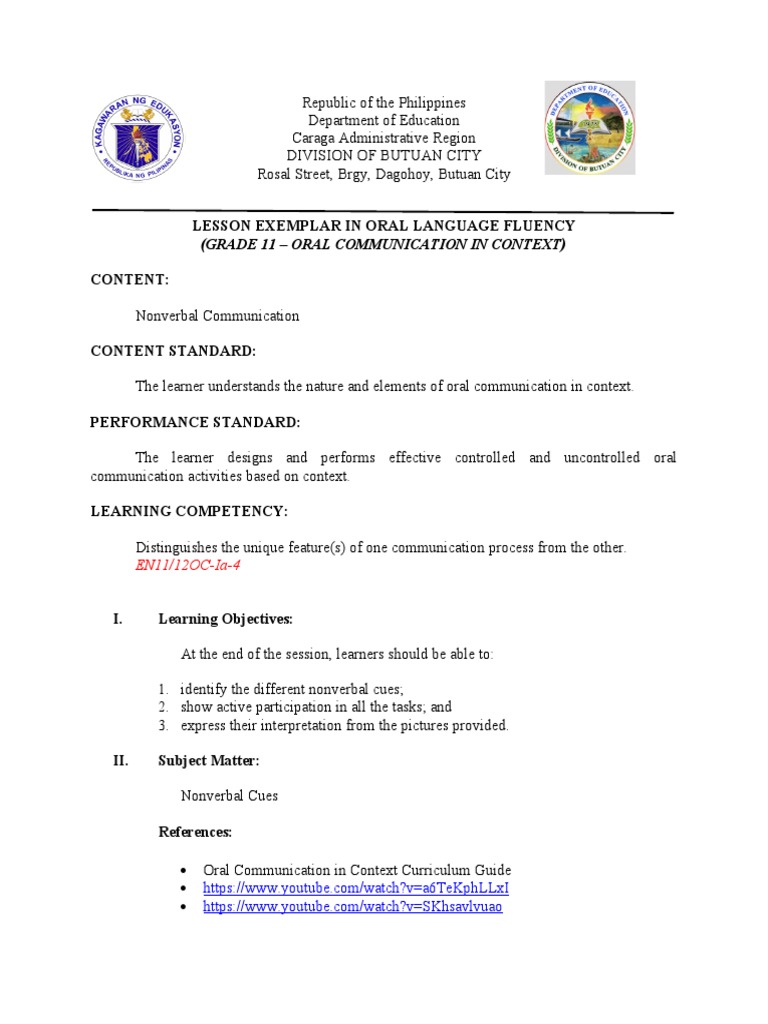 Grade 11 Oral Communication Exemplar | PDF | Nonverbal Communication ...