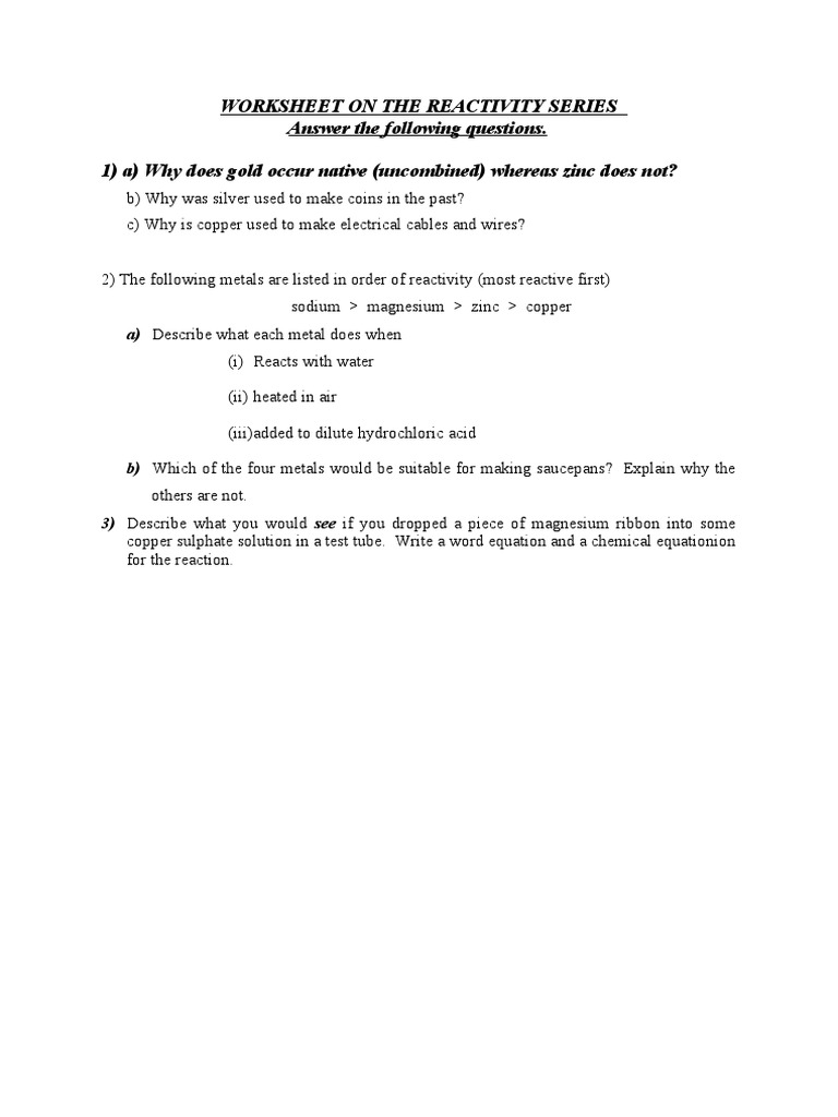 Reactivity Series Worksheet