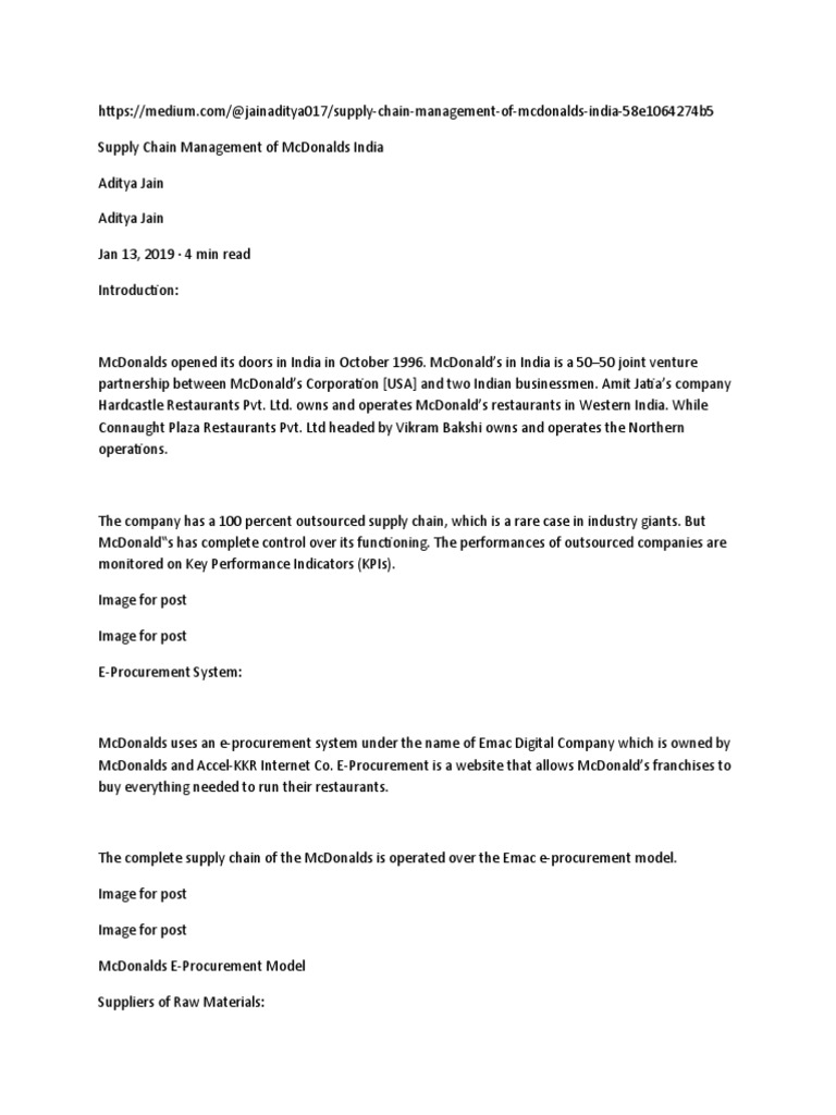 Supply Chain Management of McDonalds India PDF Mc Donald's Supply