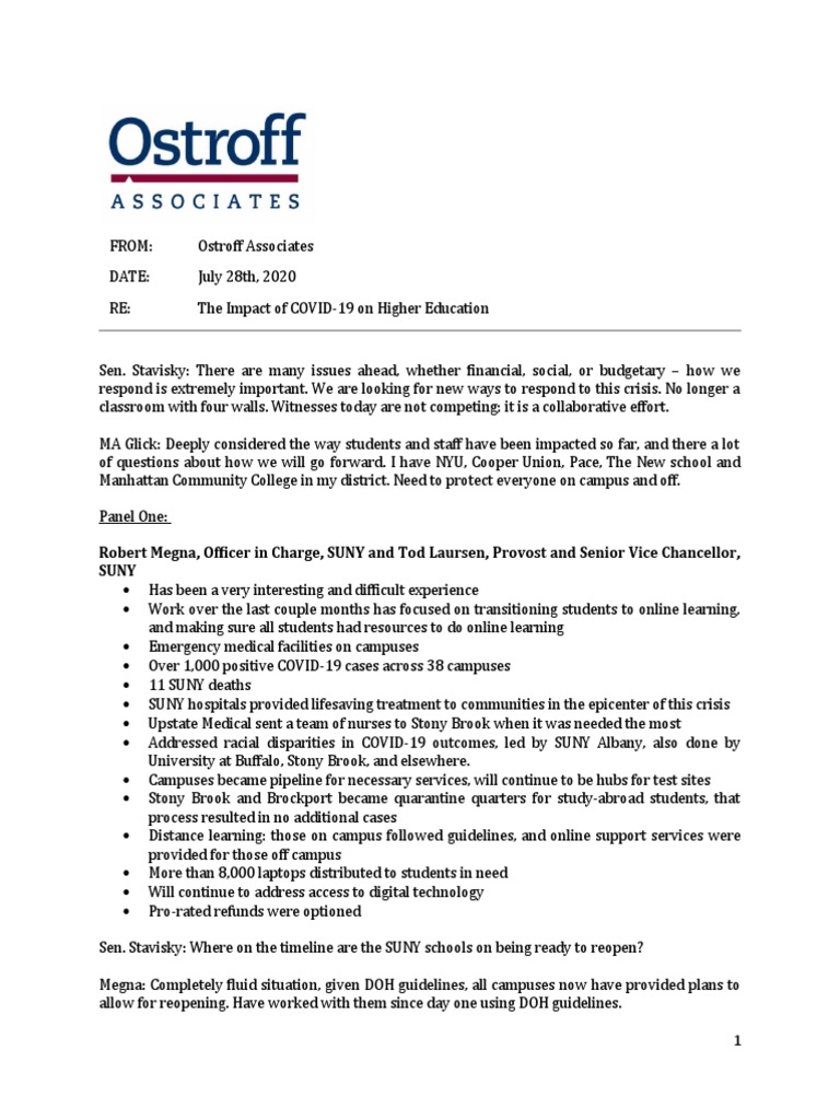 The Impact of COVID-19 On Higher Education 7-28 Hearing | PDF ...