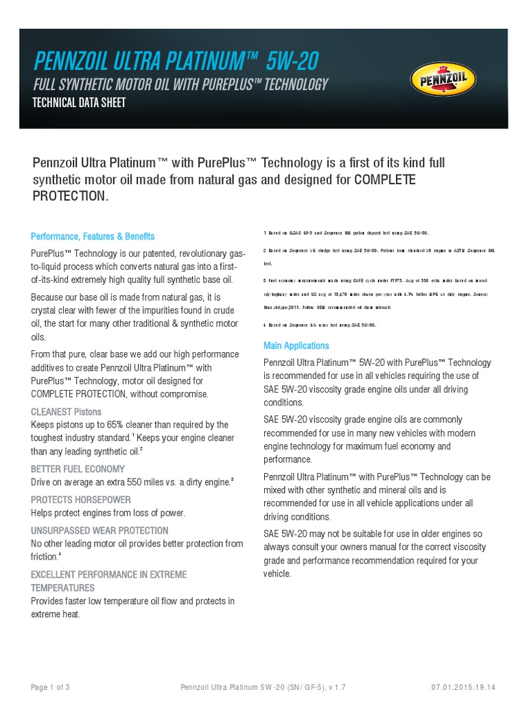 Pennzoil Ultra Platinum™ 5W-20: Full Synthetic Motor Oil With Pureplus ...
