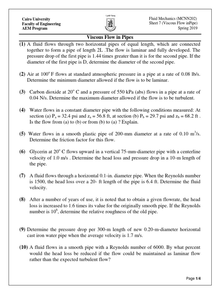 Viscous Flow Calculations in Pipes | PDF | Fluid Dynamics | Reynolds Number