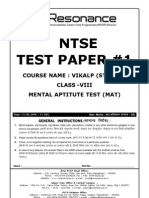 Ntse Test Paper #1: Course Name: Vikalp (Stage-I) Class - Viii Mental Aptitute Test (Mat)