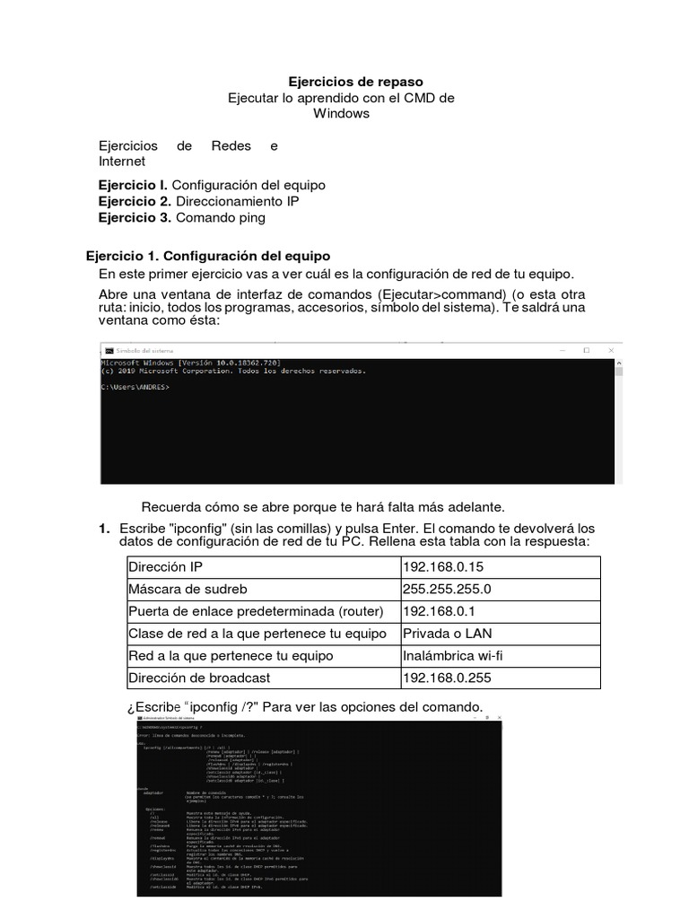 Ejercicios de CMD en Redes y Configuración IP | PDF | Dirección IP ...
