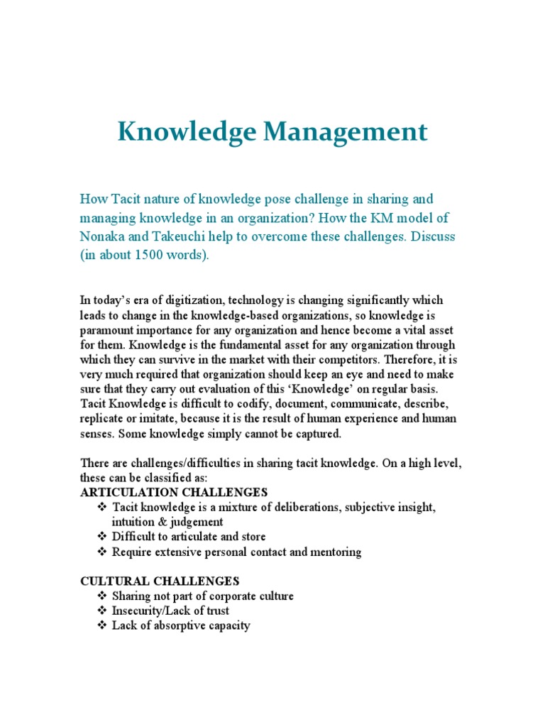 Knowledge Management: Articulation Challenges | PDF | Tacit Knowledge ...