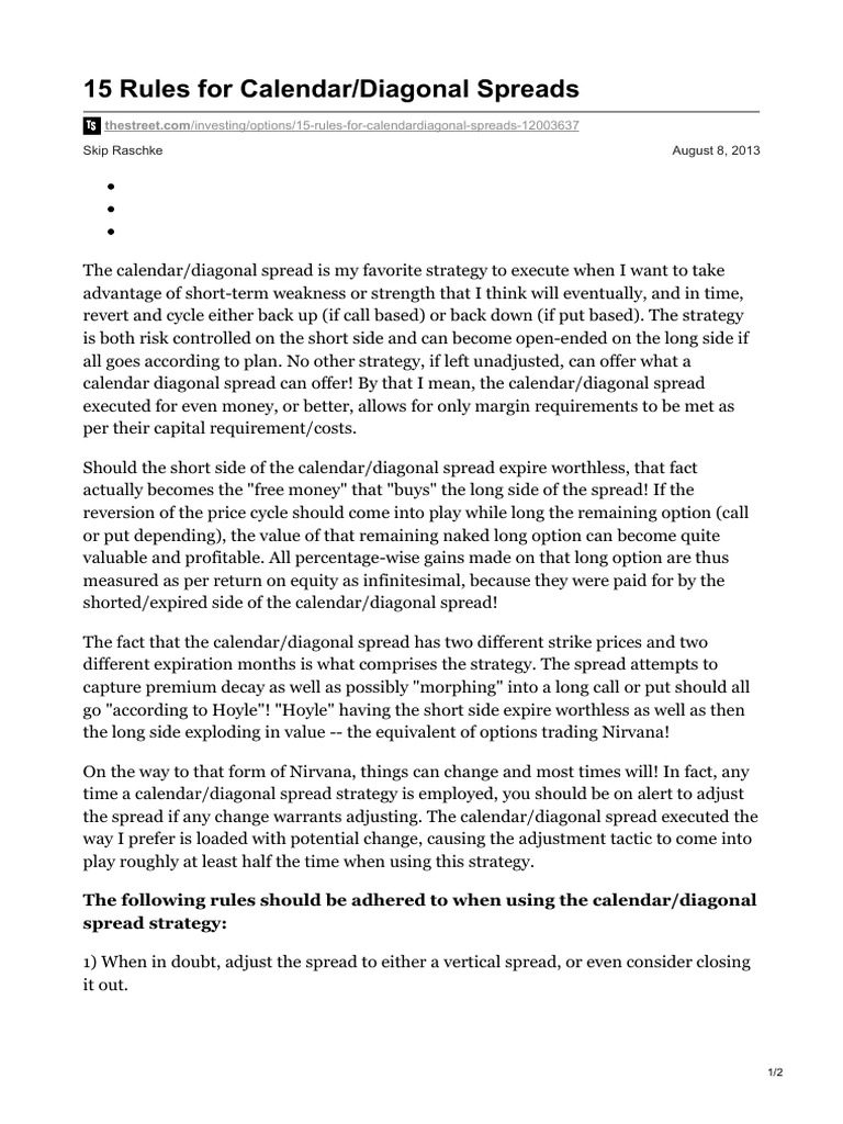 15 Rules For Calendar Diagonal Spreads | PDF | Option (Finance ...