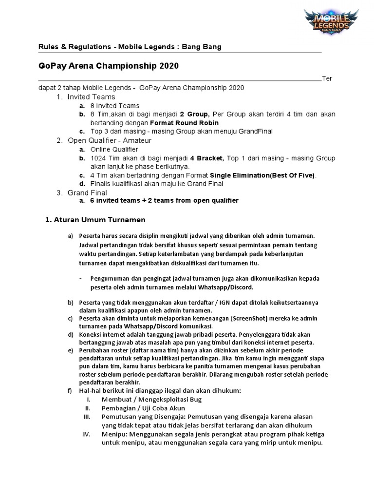 Aturan Turnamen GoPay MLBB 2020 | PDF