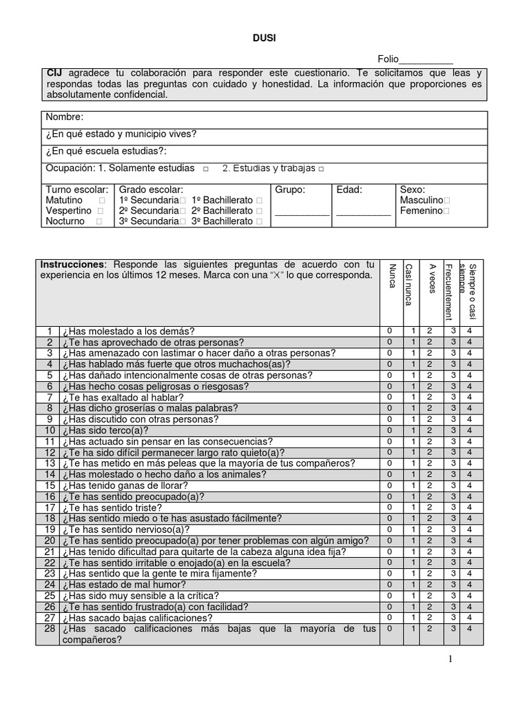 Cuestionario DUSI para Jóvenes | PDF | Drogas | Drogas que actúan sobre ...