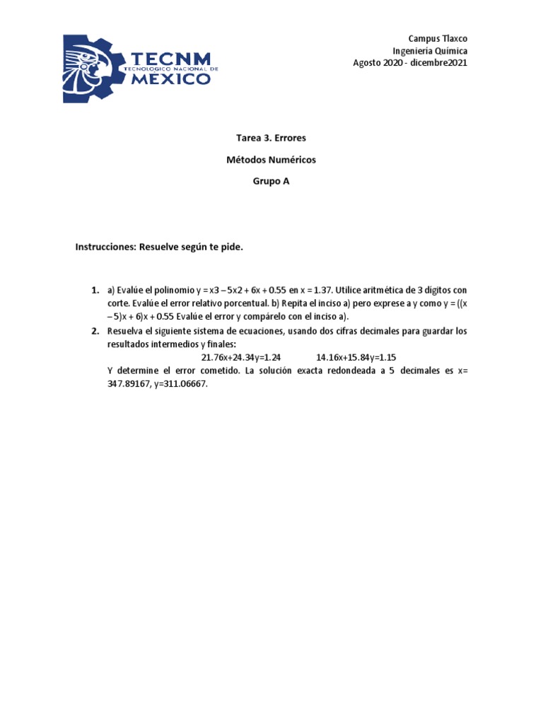 Errores en Métodos Numéricos: Tarea 3 | PDF | Métodos y materiales de ...