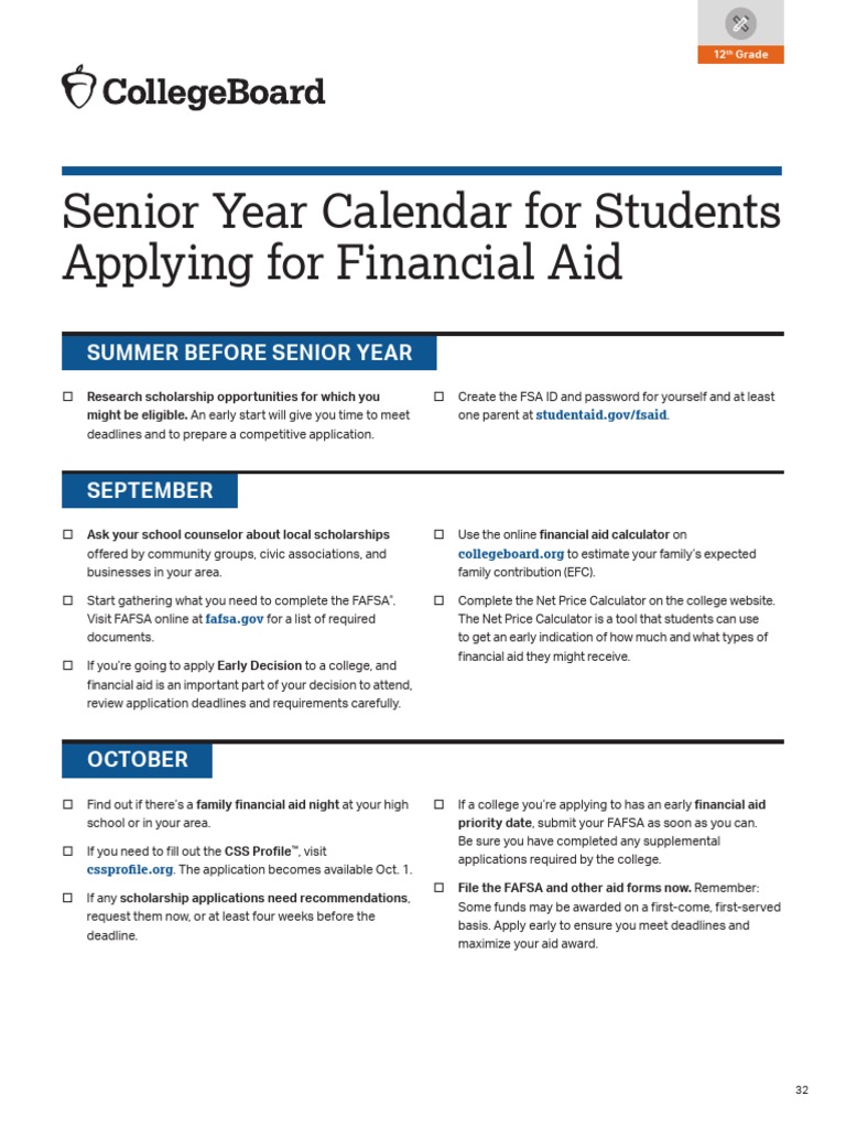 Senior Year Calendar For Students Applying For Financial Aid PDF