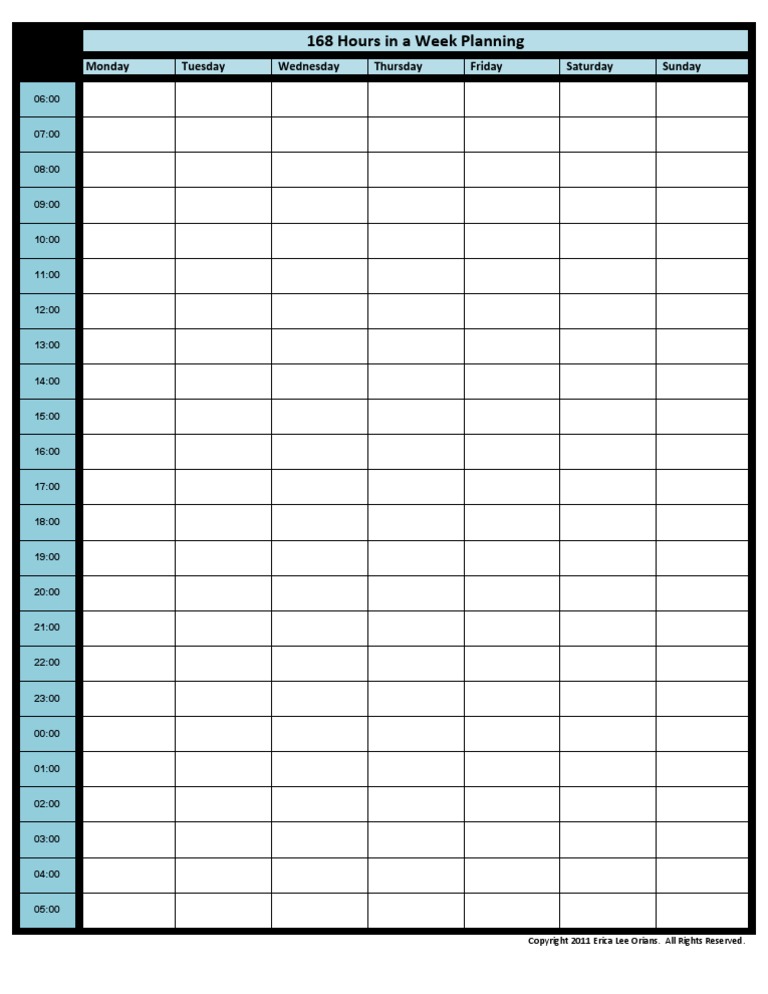 168 Hours in A Week Planning: Monday Tuesday Wednesday Thursday Friday ...
