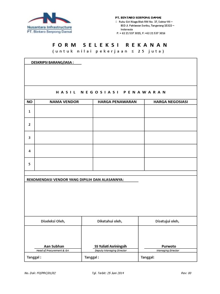 Form Seleksi Rekanan PT. Hyangdotama | PDF