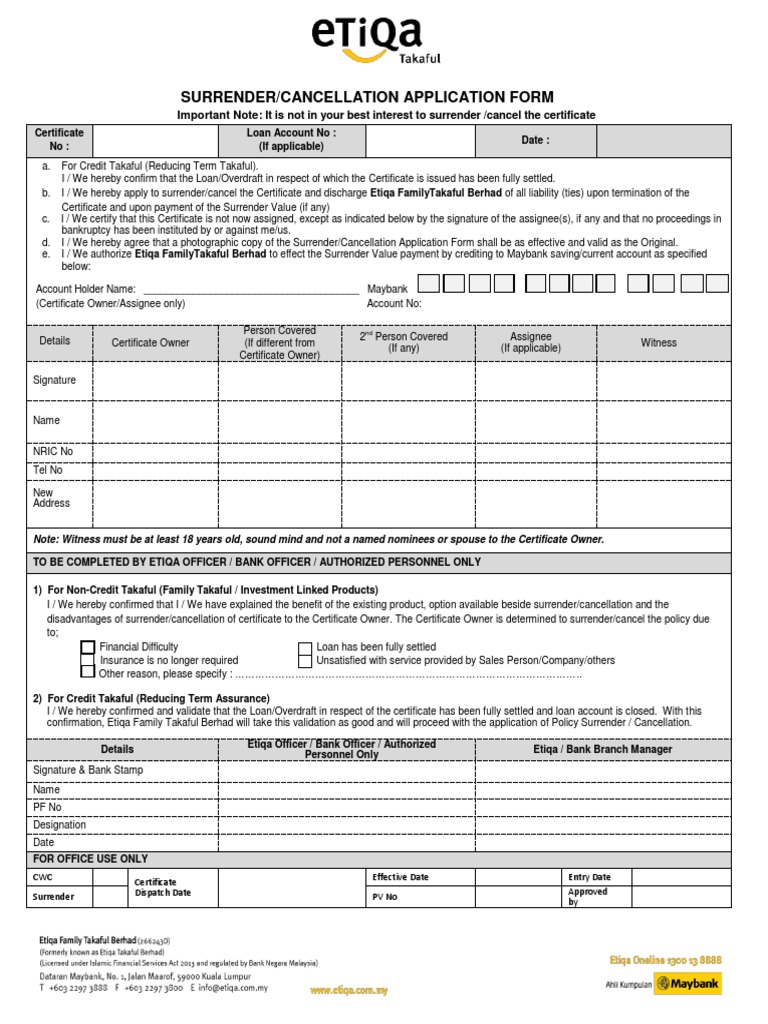 Eftb Family Takaful Surrender Cancellation Application Form V1 0 2018 Assignment Law Overdraft