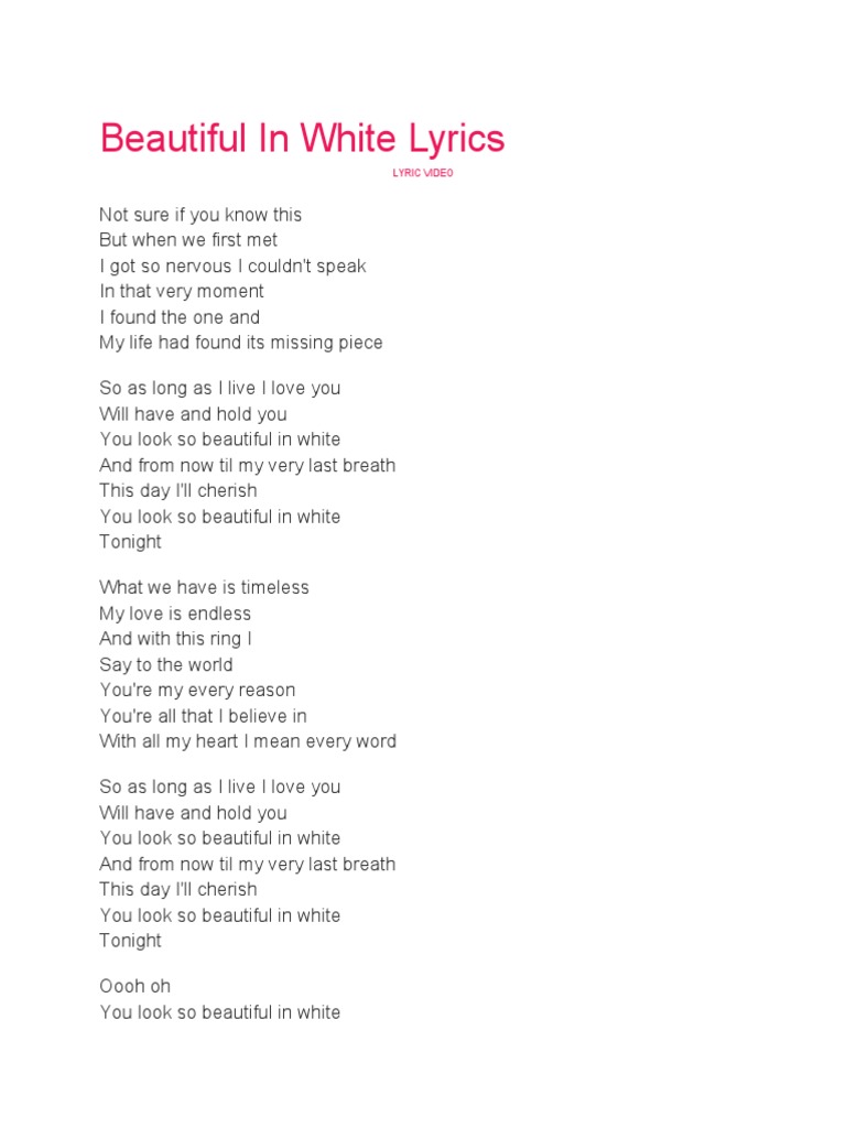 Beautiful in White Lyrics Lyric Video PDF