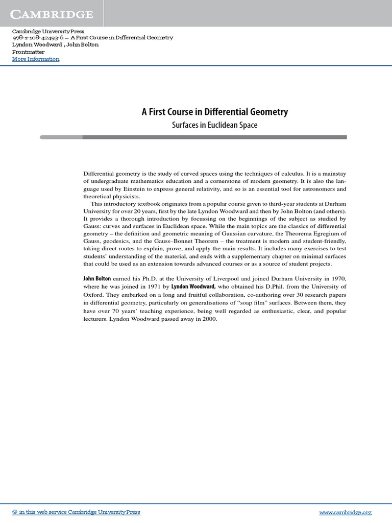 A First Course in Differential Geometry Surfaces in Euclidean Space