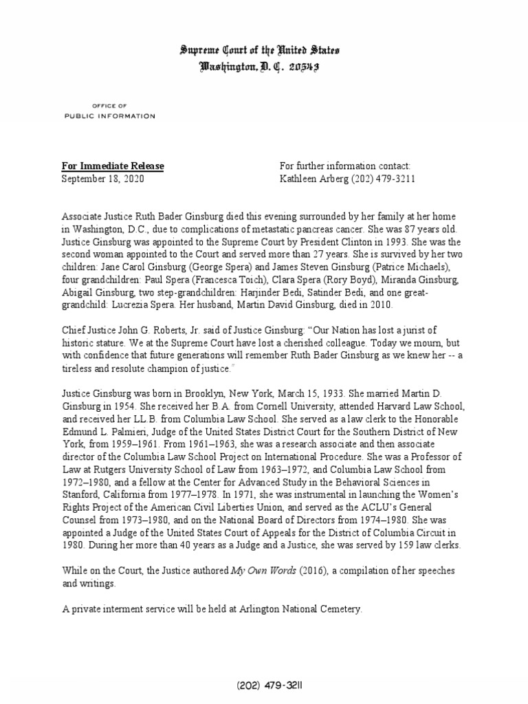 Ruth Bader Ginsburg Death Statement From The Supreme Court Ruth Bader Ginsburg Federal Judiciary Of The United States