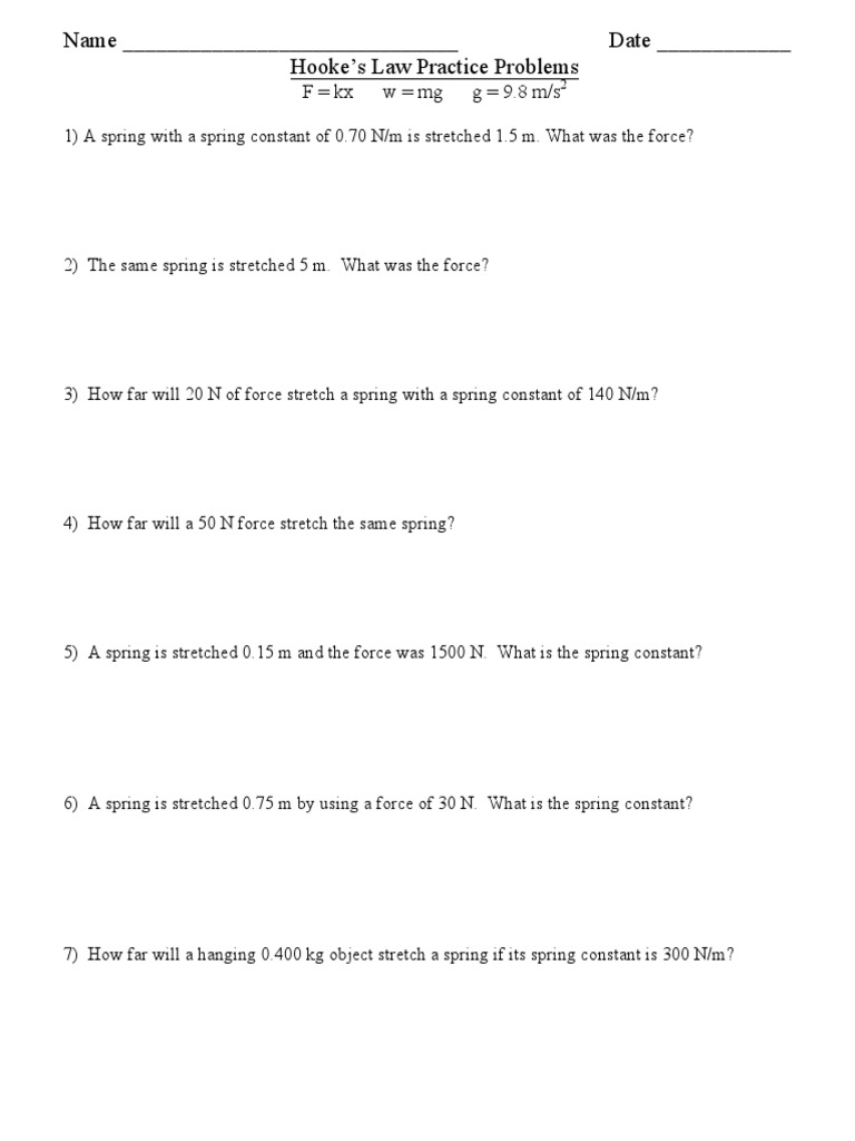 Hooke's Law Practice Problems PDF