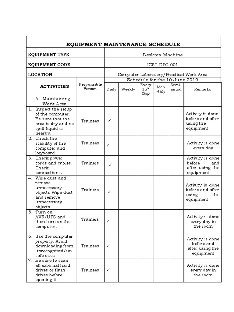 Equipment Maintenance Schedule PDF Computer Hardware Personal