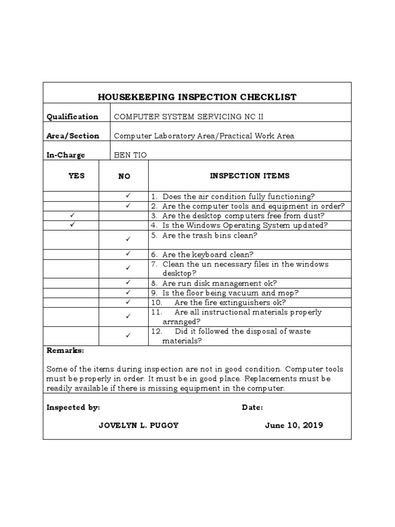 Housekeeping Inspection Checklist PDF