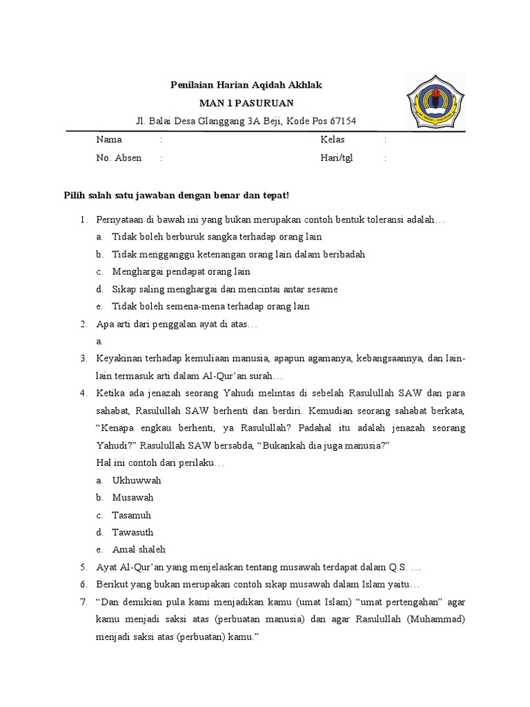 Soal Aqidah Akhlak Bab Ii Materi Kunci Kerukunan | PDF