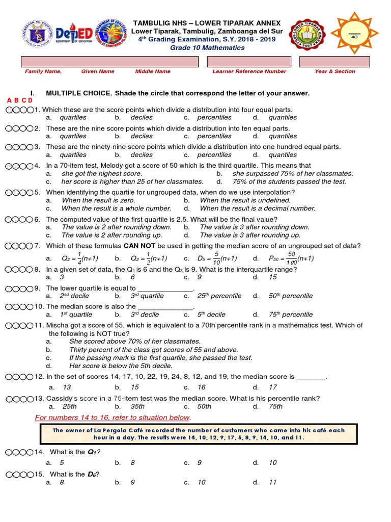 Grade 10 Math 4th Quarter Exam Review | PDF | Percentile | Quantile