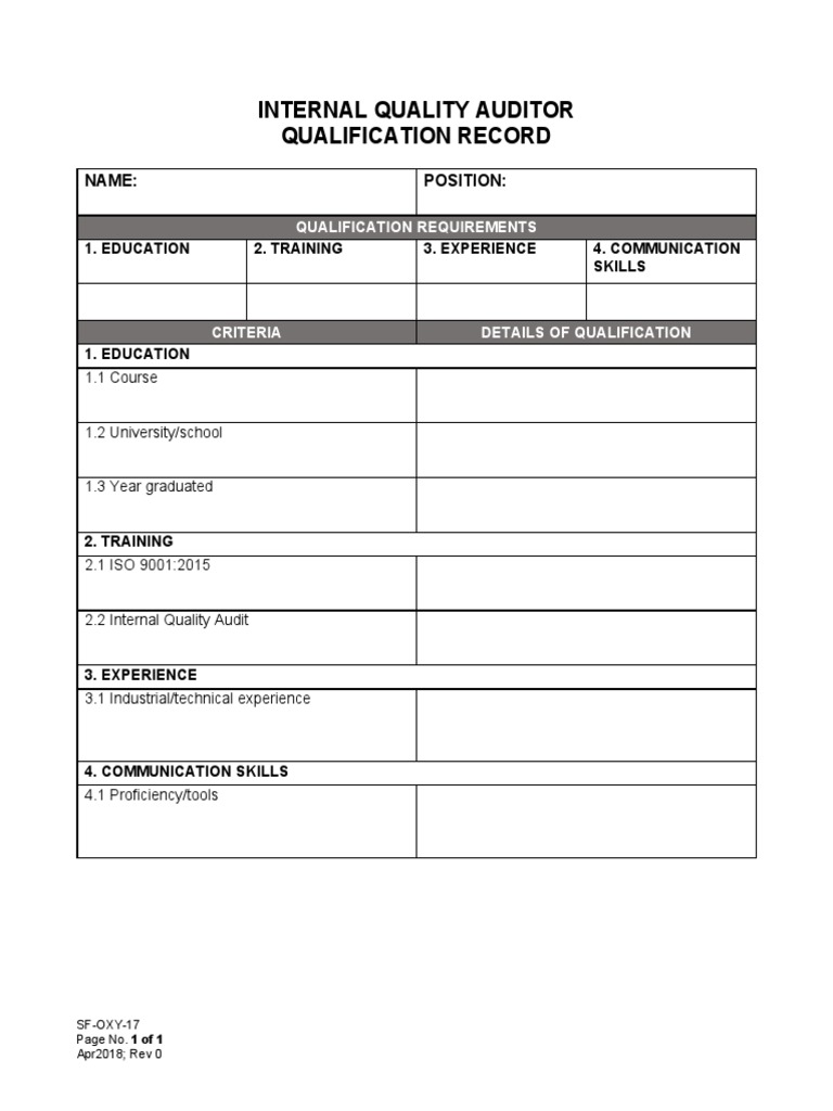 Internal Quality Auditor Qualification Record PDF