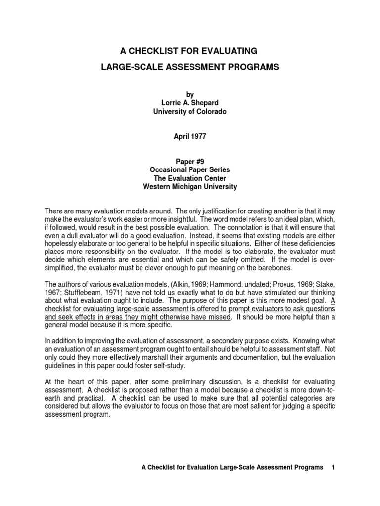 Checklist for Large-Scale Assessment Evaluation | PDF | Program ...