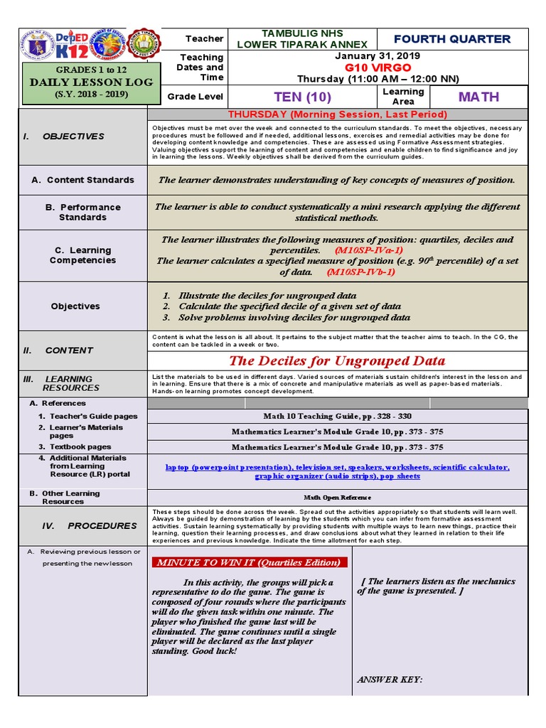 Deciles for Ungrouped Data Lesson Plan | PDF | Learning | Curriculum